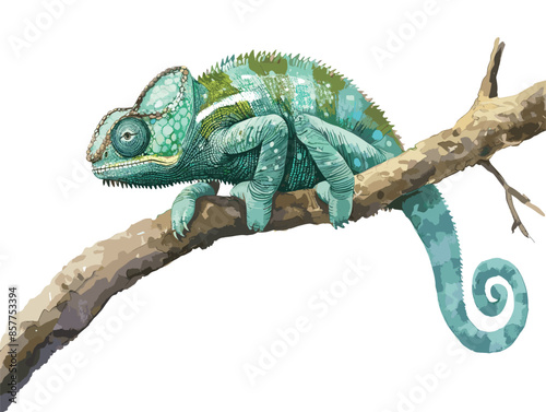 isolate white background, A chameleon blending seamlessly into its surroundings., drawing in color pencil art, very simple and isolate in the style of animated illustrations, white background