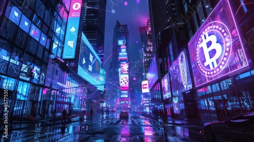 futuristic cityscape with Bitcoin symbols integrated into digital billboards and holograms, illustrating the future of finance © WITTAYA  ANGMUJCHA