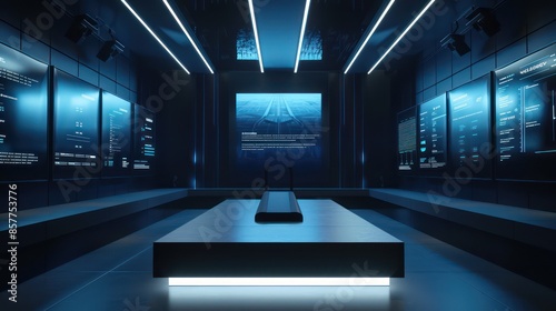 sophisticated product launch scene with the new item revealed on a sleek podium, flanked by digital screens displaying its features and benefits