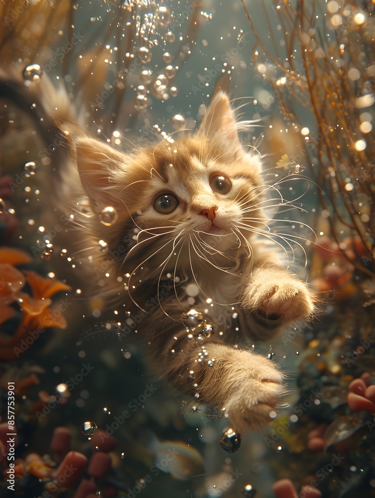 Playful Tabby Cat with Shimmering Mermaid Tail Swimming through Vibrant Underwater Seascape Playful Tabby Cat with Shimmering Mermaid Tail Swimming through Vibrant Underwater Seascape