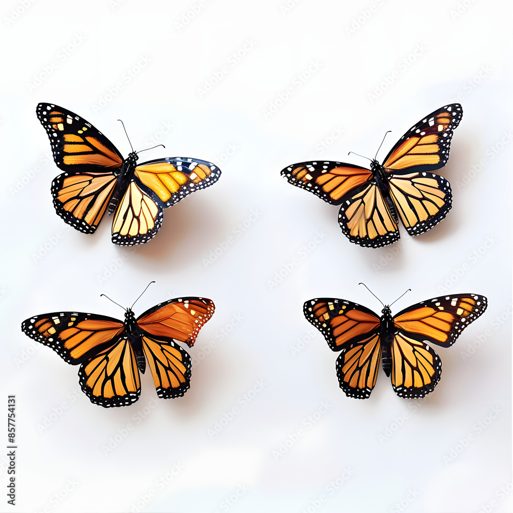 white background, in a line of four, monarch butterflies blue white background, in a line of four, monarch butterflies blue