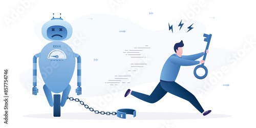 Tired man was freed from robot or chat bot addiction. Businessman holds big key and runs away from giant cyborg. Open shackles. Fighting technology and computer addiction.