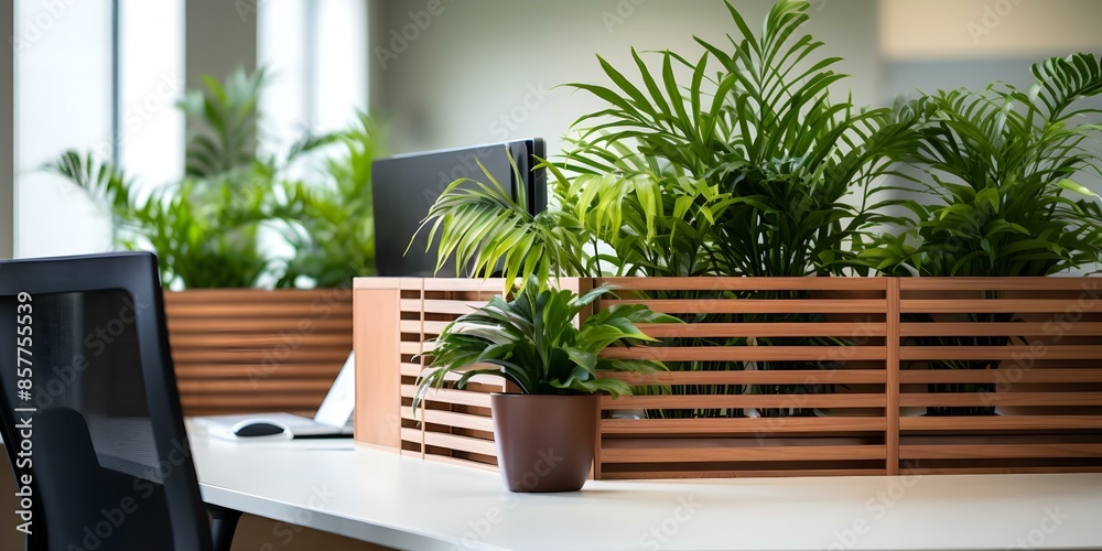 Office with wood plant dividers for a peaceful work environment. Concept Office Decor, Wood Plant Dividers, Peaceful Work Environment