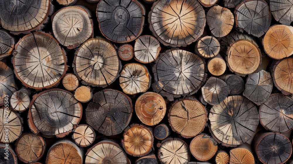 Forest pine and spruce trees. Log trunks pile, the logging timber wood industry. Wide banner or panorama wooden trunks. Forest pine and spruce trees. Log trunks pile, the logging timber wood industry. Wide banner or panorama wooden trunks.
