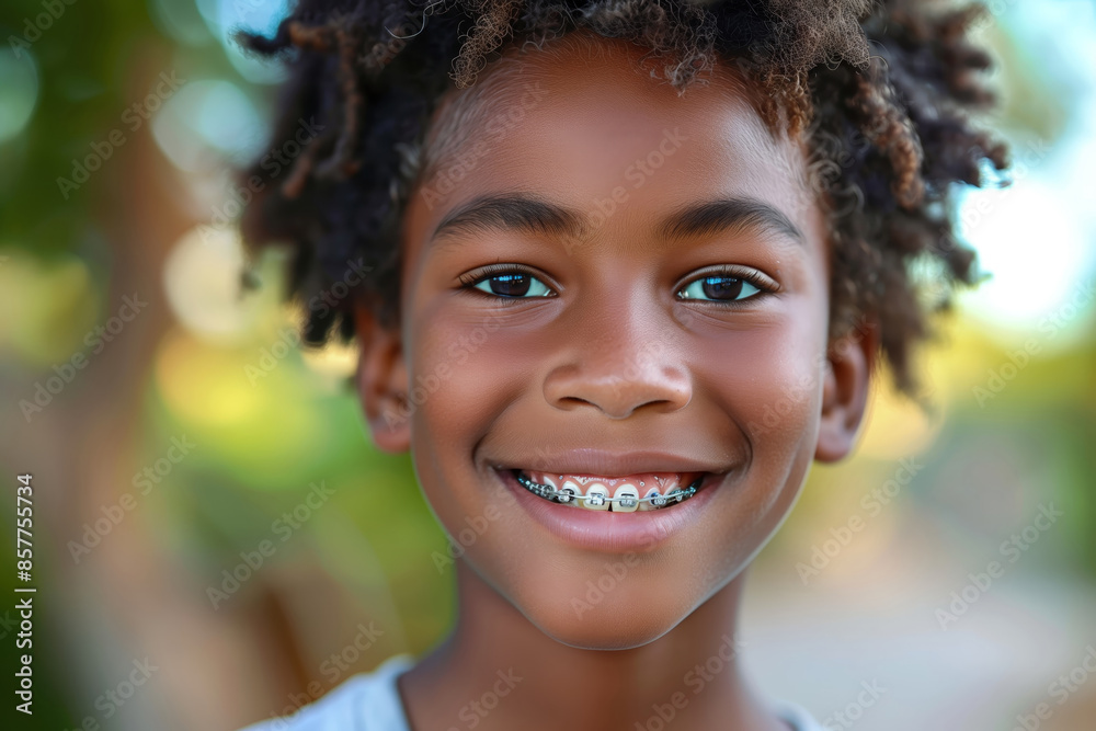 A close-up portrait of a young boy with dark brown skin, curly black hair, and a big smile. He is wearing braces and looks happy A close-up portrait of a young boy with dark brown skin, curly black hair, and a big smile. He is wearing braces and looks happy