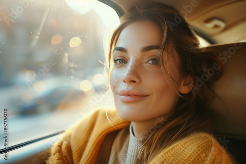 Woman smiles in car window on a sunny day
