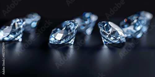 Closeup of four blue diamonds in varying sizes on black background. Concept Closeup Photography, Blue Diamonds, Varying Sizes, Black Background, Luxury Gems photo