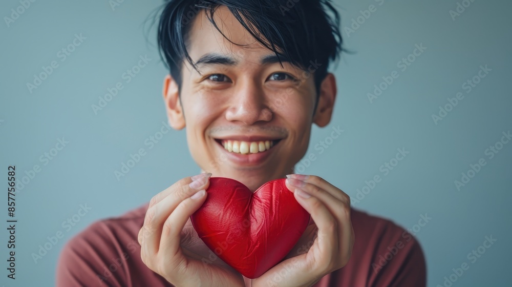 A man smiling while holding a red heart A man smiling while holding a red heart