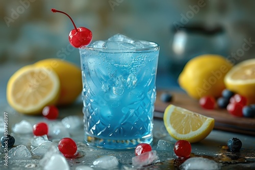 A blue lagoon cocktail in a highball glass, with blue curacao, vodka, and lemonade, garnished with a cherry. 