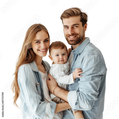 happy american family with one baby standing together and smiling on transparency background PNG
 photo