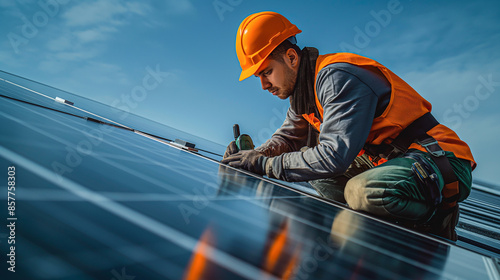 A skilled technician is using measurement tools to inspect the operation of solar panels lined up around the farm. He is wearing work attire, a safety helmet, and gloves for protection.