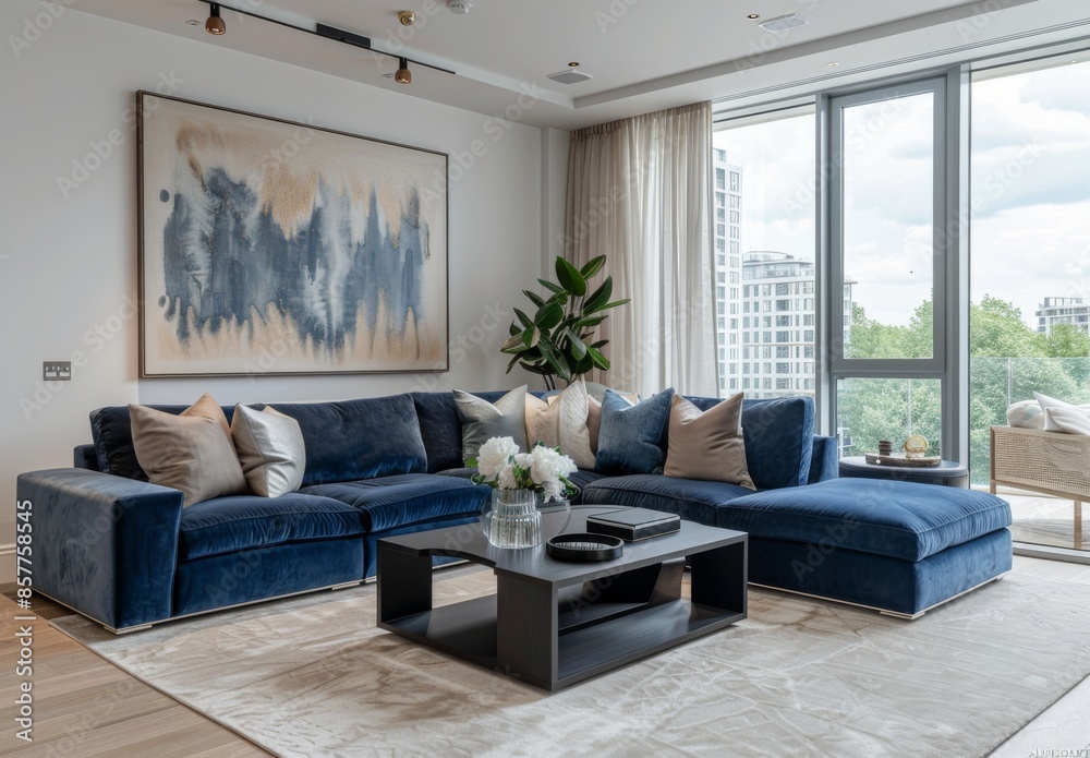 Fototapeta premium Modern living room with large blue velvet modular sofa and chic decor
