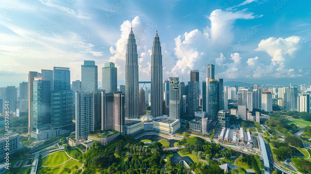 Obraz premium Aerial view of a modern business district with towering office buildings