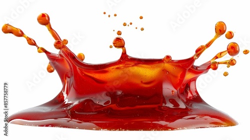 Vivid red berry jam splash and bubbles on white background with flowing strawberry syrup photo