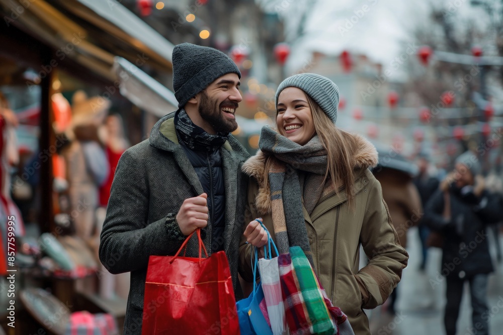 A couple joyfully explores a festive market in the city during their winter holiday, filled with decorations, lights, and a cheerful crowd as they shop together, creating lovely memories A couple joyfully explores a festive market in the city during their winter holiday, filled with decorations, lights, and a cheerful crowd as they shop together, creating lovely memories