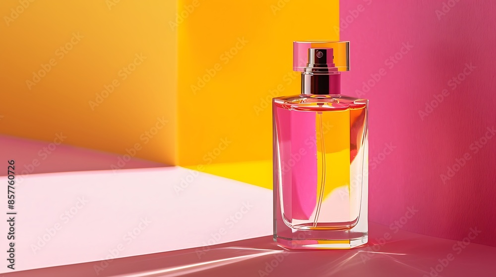 Close up of a perfume atomizer pink and yellow background