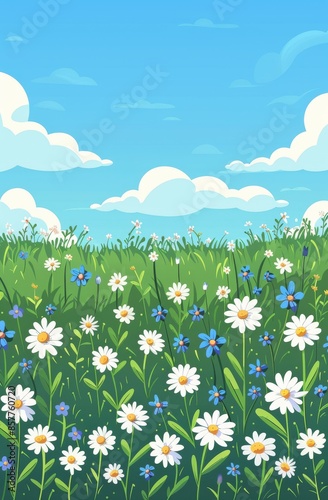 Beautiful wildflower meadow with daisies and bluebells under a bright blue sky