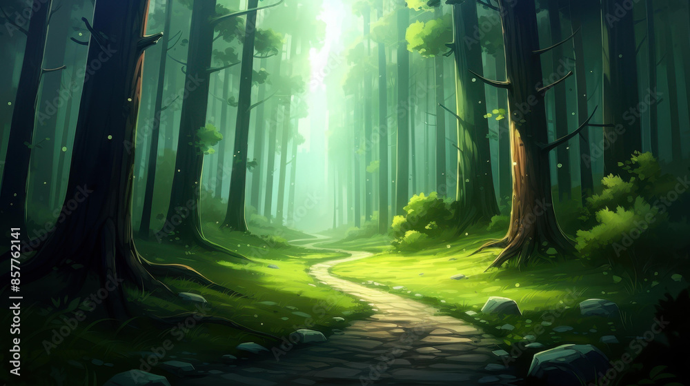 Fototapeta premium Immerse yourself in a serene forest scene with vibrant foliage and dappled sunlight.