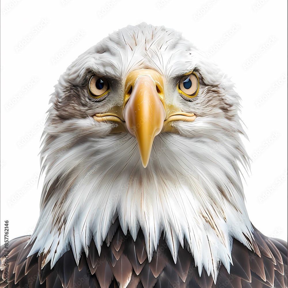 Fototapeta premium Photo Aesthetic, High-Resolution Photo, Endangered Bird Photography Inspiration on White Background: A close-up portrait of a majestic bald eagle, raising awareness for bird conservation.