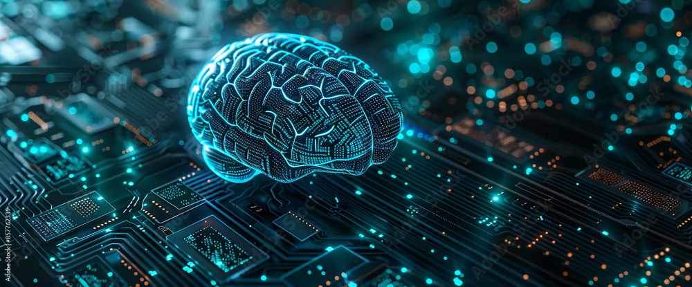 3D rendering of human brain made from circuit board, AI concept on black background with copy space for text or design. Blue and turquoise colors


