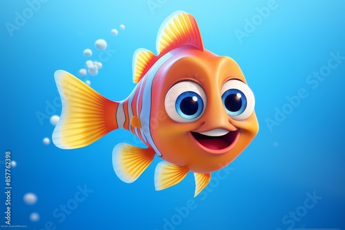 Adorable fish cartoon character swimming in aquarium, perfect for childrens illustrations.