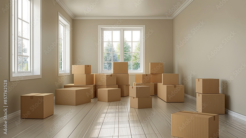 Moving boxes in an empty living room, with ample space for text
Moving boxes in an empty living room, with ample space for text