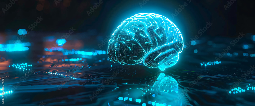 3D rendering of human brain made from circuit board, AI concept on black background with copy space for text or design. Blue and turquoise colors


