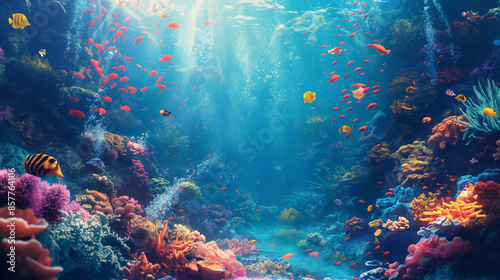  Underwater scene with diverse marine life, including colorful fish and corals, highlighting the beauty of the ocean on World Ocean Day