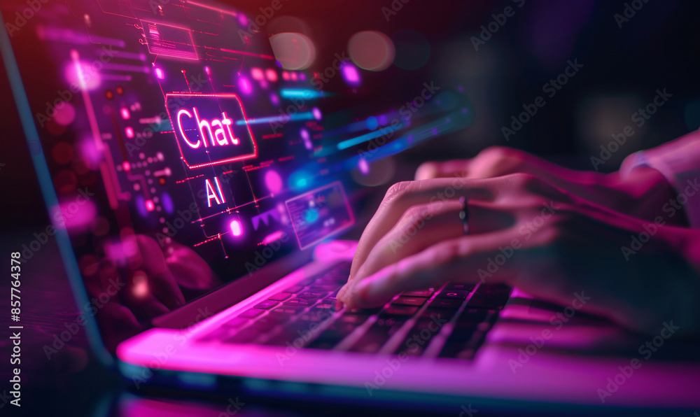 Photo of A person typing on laptop with chatbot interface and text 