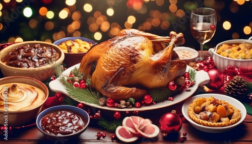 Festive holiday table laden with traditional dishes, such as roast turk photo