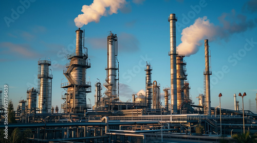 Wide shot of a refinery factory with multiple large oil storage tanks, pipelines, and smokestacks under a clear blue sky