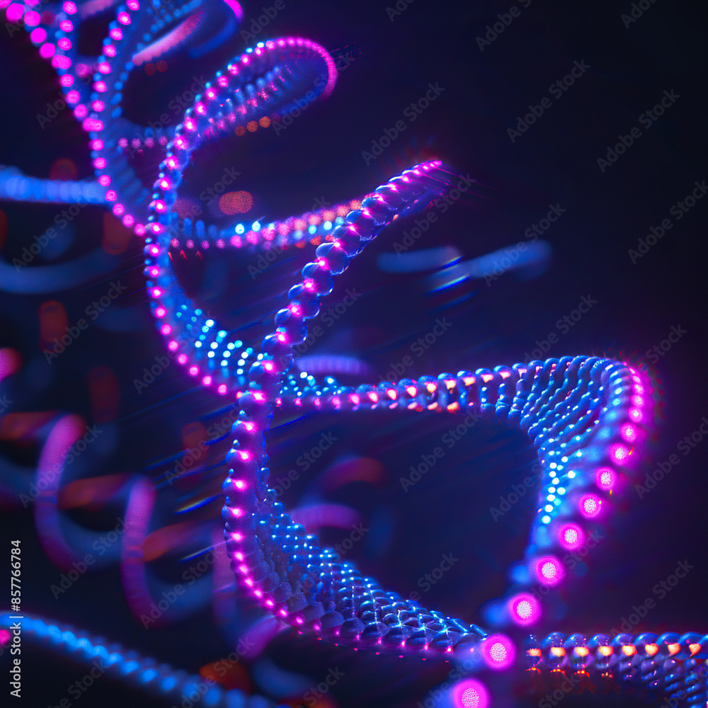 Obraz premium I can imagine a 3D rendered illustration of DNA with a fractal pattern, showcasing a spiral shape in purple and black against a blue backdrop, symbolizing the beauty of science and nature in motion