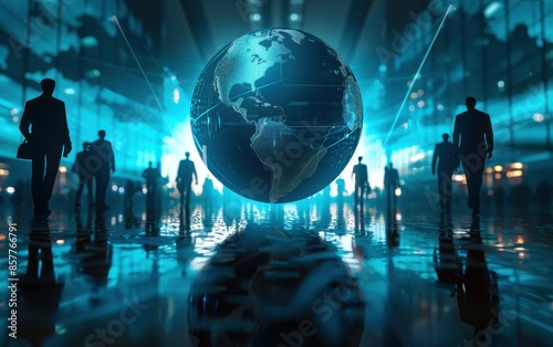 A group of people are walking in a city with a large globe in the background. The globe is surrounded by a blue light, giving the impression of a futuristic city
