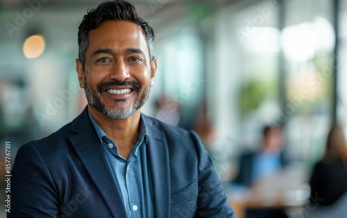 A man in a blue suit is smiling and posing for a picture. Concept of confidence and professionalism