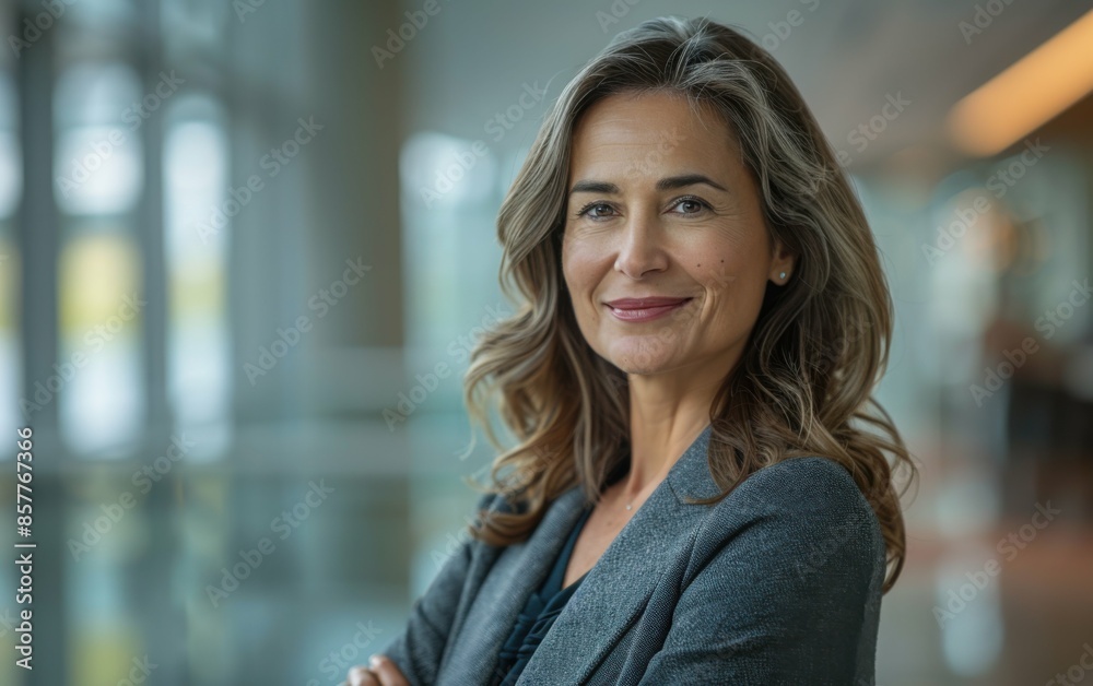 Fototapeta premium A woman with long hair is smiling and posing for a picture. She is wearing a gray jacket and she is confident and happy