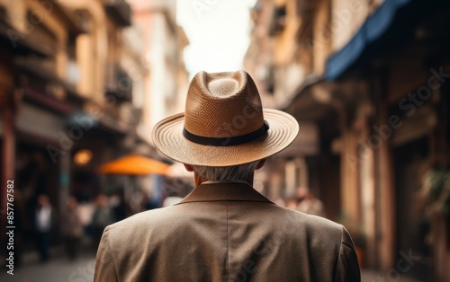 A man wearing a straw hat and a suit is standing in a city street. The hat is brown and has a black band. The man is looking ahead, and there are several other people in the background