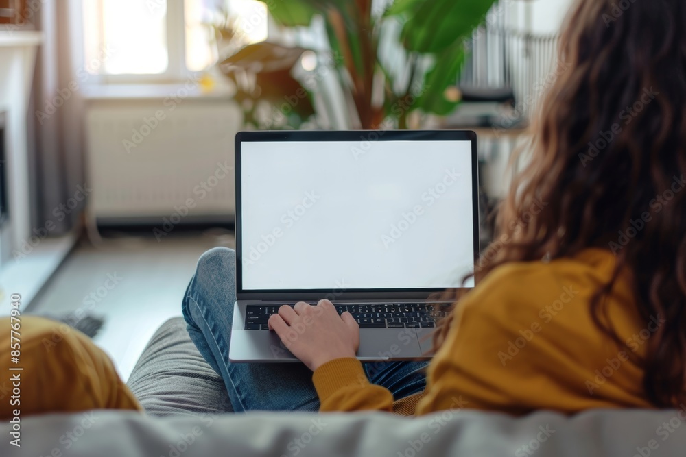 blank screen mockup laptop with home background for advertising, woman using laptop blank screen mockup laptop with home background for advertising, woman using laptop