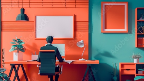 A man is sitting at a desk in a colorful room