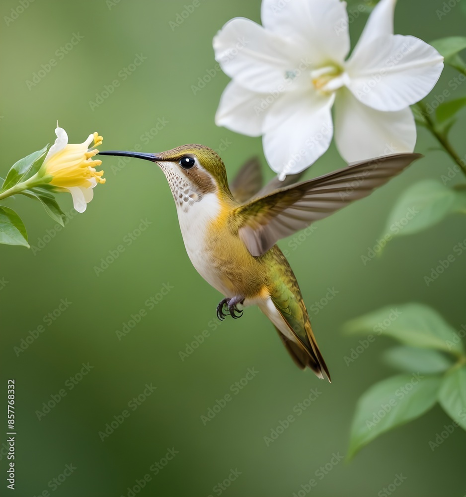 Fototapeta premium A yellow hummingbird with a long beak hovering near a white flower against a blurred green background