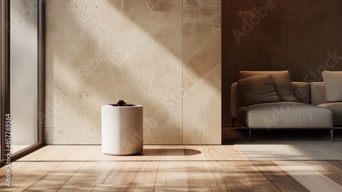 A contemporary living room with a minimalist design, featuring a single, sleek minimalist side table in a cylinder shape