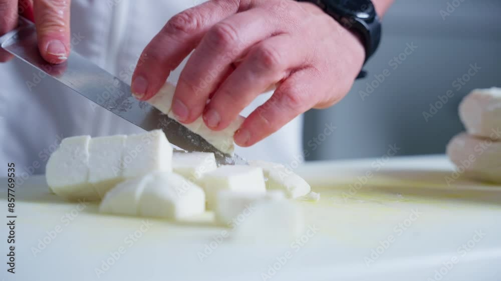 A chef cutting cheese in kitchen with a knife