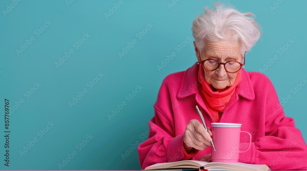 elderly writer at desk National Age Without Apology Month adult people illustration vector women happiness horizontal celebration heart shape icon symbol child text care social issues holiday - event