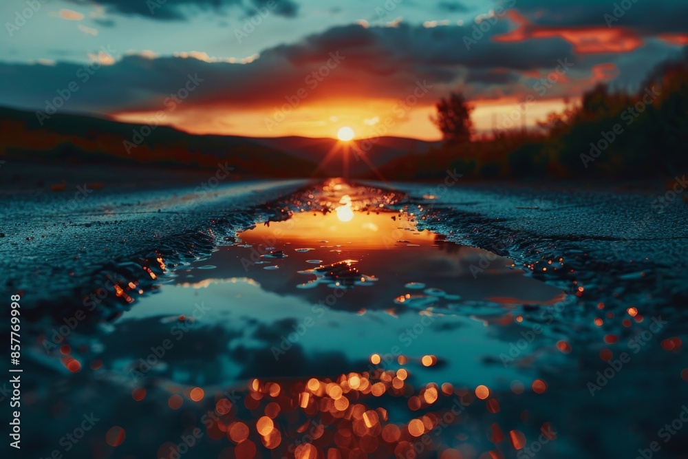 sun dips below the horizon, casting a golden glow over a wet road with ...