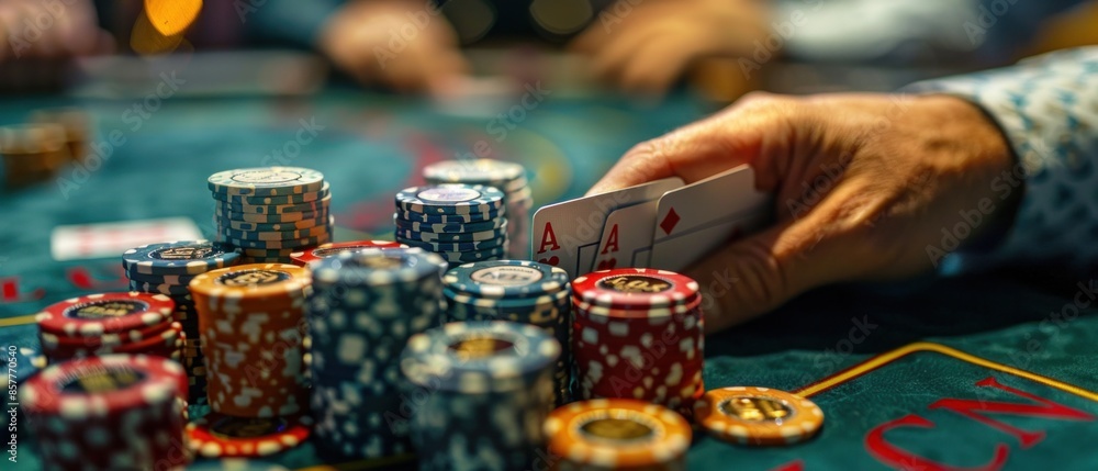 Zoom in on a poker player's hand, capturing the tension in their fingers as they decide whether to fold or go all-in. Zoom in on a poker player's hand, capturing the tension in their fingers as they decide whether to fold or go all-in.