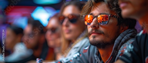 Showcase the excitement of a live poker tournament, with players wearing sunglasses and hoodies, their poker faces tense with concentration.