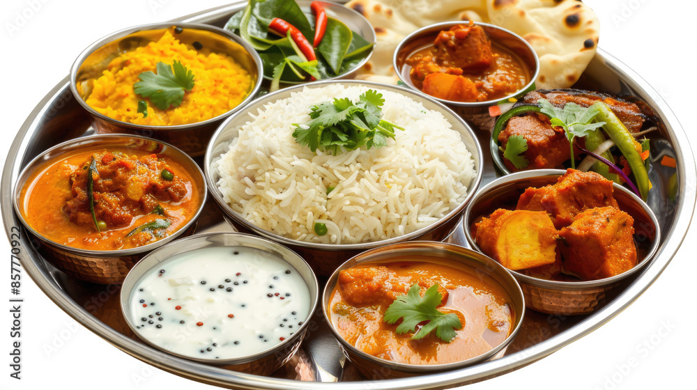 Photograph of a vibrant Indian thali with various curries, rice, naan, and chutneys on a transparent background. Photograph of a vibrant Indian thali with various curries, rice, naan, and chutneys on a transparent background.