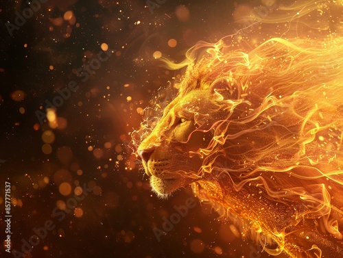 Fiery lion roaring with a mane of flames in a dynamic, abstract background, symbolizing the Leo zodiac sign.
