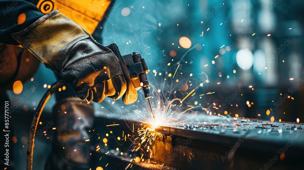 Close-up of a Welder's Gloved Hand with Sparks Flying Close-up of a Welder's Gloved Hand with Sparks Flying
