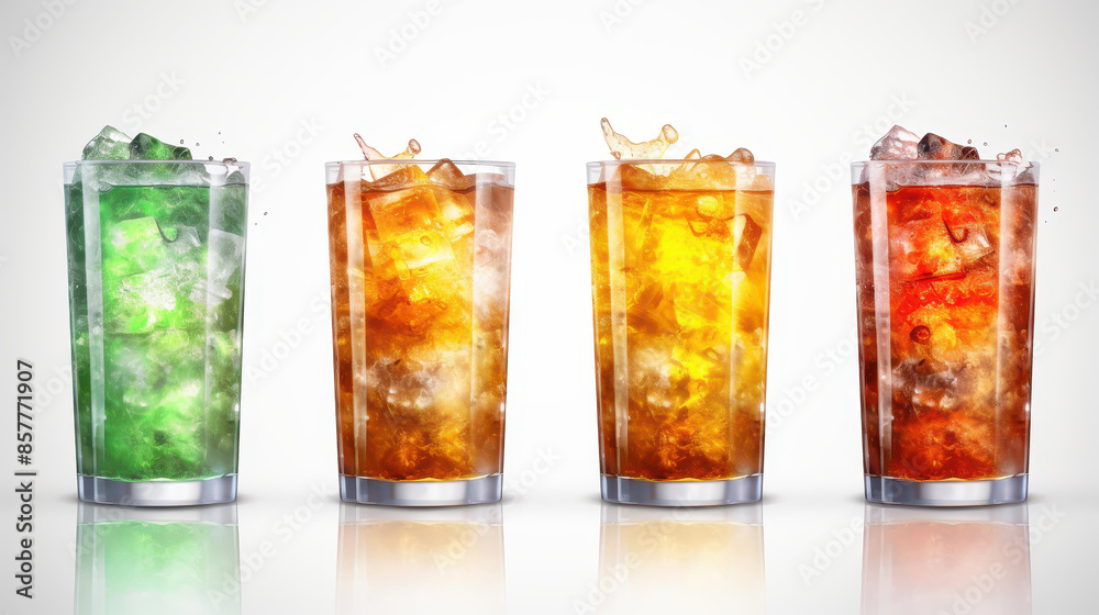 Vibrant summer cocktails presented on a minimalistic white background for a refreshing and stylish vibe. Vibrant summer cocktails presented on a minimalistic white background for a refreshing and stylish vibe.