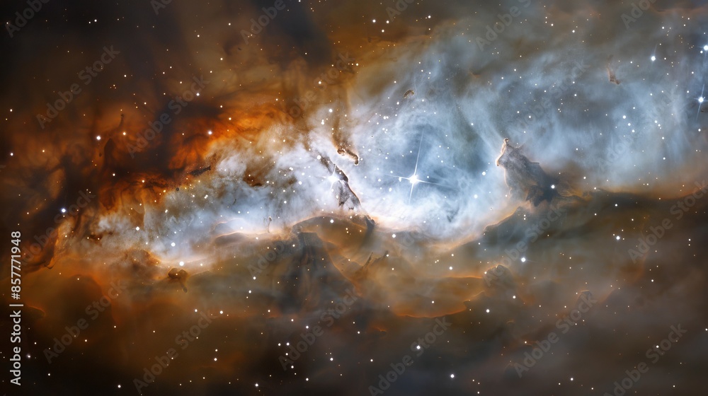 Obraz premium Vivid nebula with bright stars and cosmic clouds in deep space. The vibrant colors and intricate patterns create a breathtaking view of the universe's beauty. 